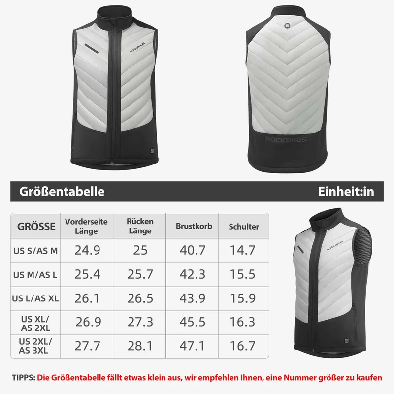 ROCKBROS Elektrische Beheizte Weste mit 3 Temperaturstufen für Herren/Damen