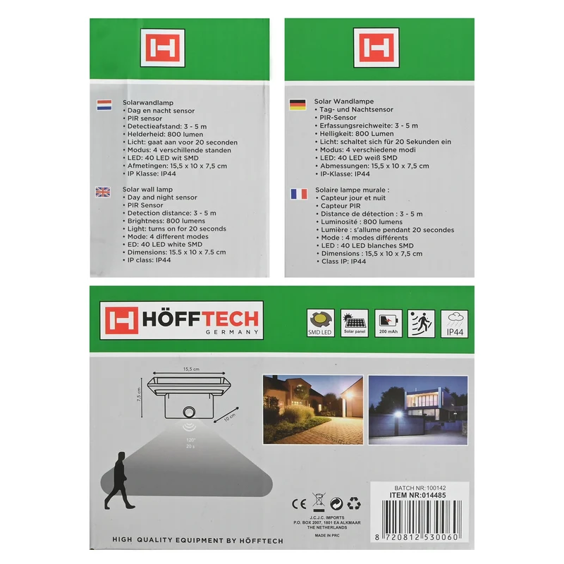 LED-Wandleuchte Solar – Erfassungsbereich 3 - 5 m, Helligkeit 800 Lumen, LED 40 LED weiß SMD
