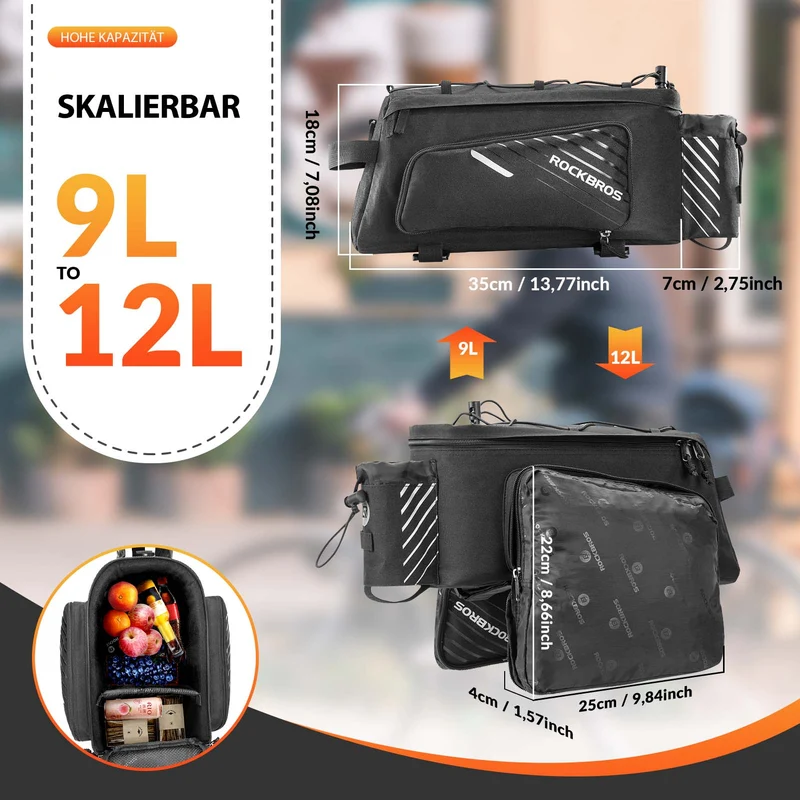 ROCKBROS Fahrrad Gepäckträgertasche Schwarz 9-12L mit 2 faltbare Seitentaschen