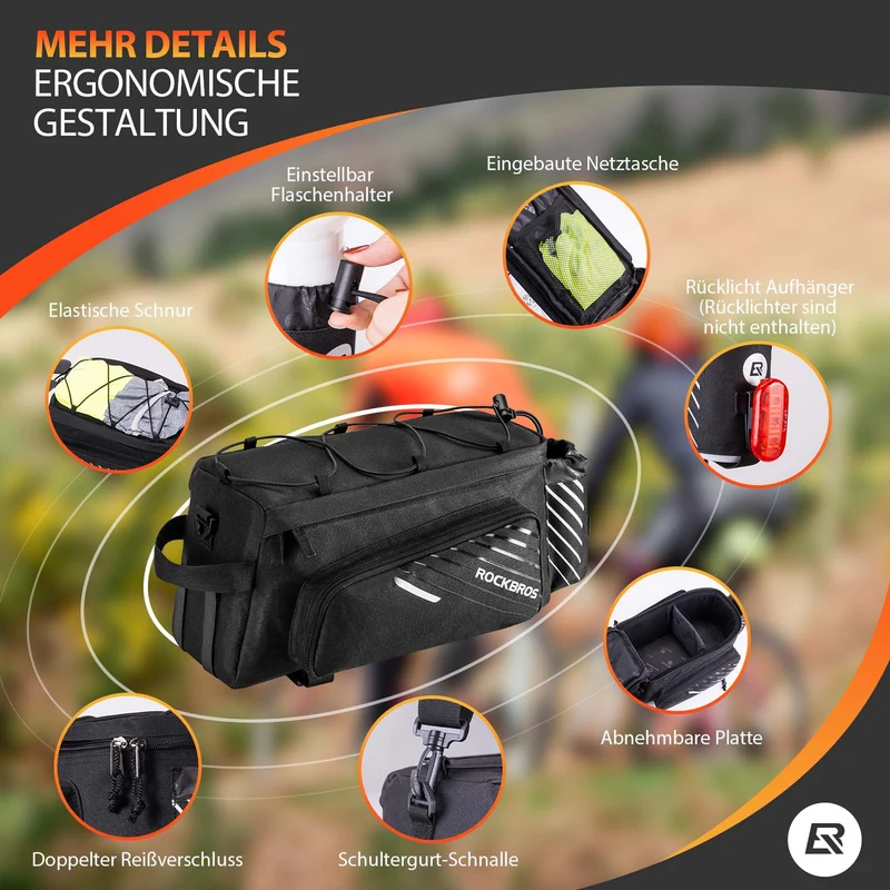 ROCKBROS Fahrrad Gepäckträgertasche Schwarz 9-12L mit 2 faltbare Seitentaschen