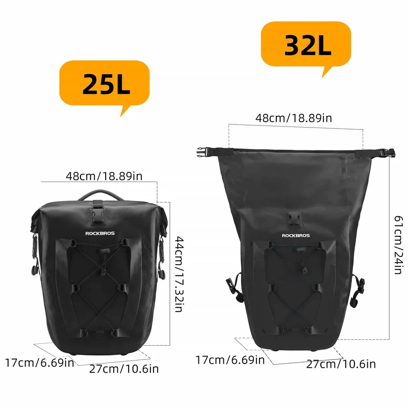 ROCKBROS Gepäckträgertasche 25L-32L 100 % wasserdicht mit Tragegriff