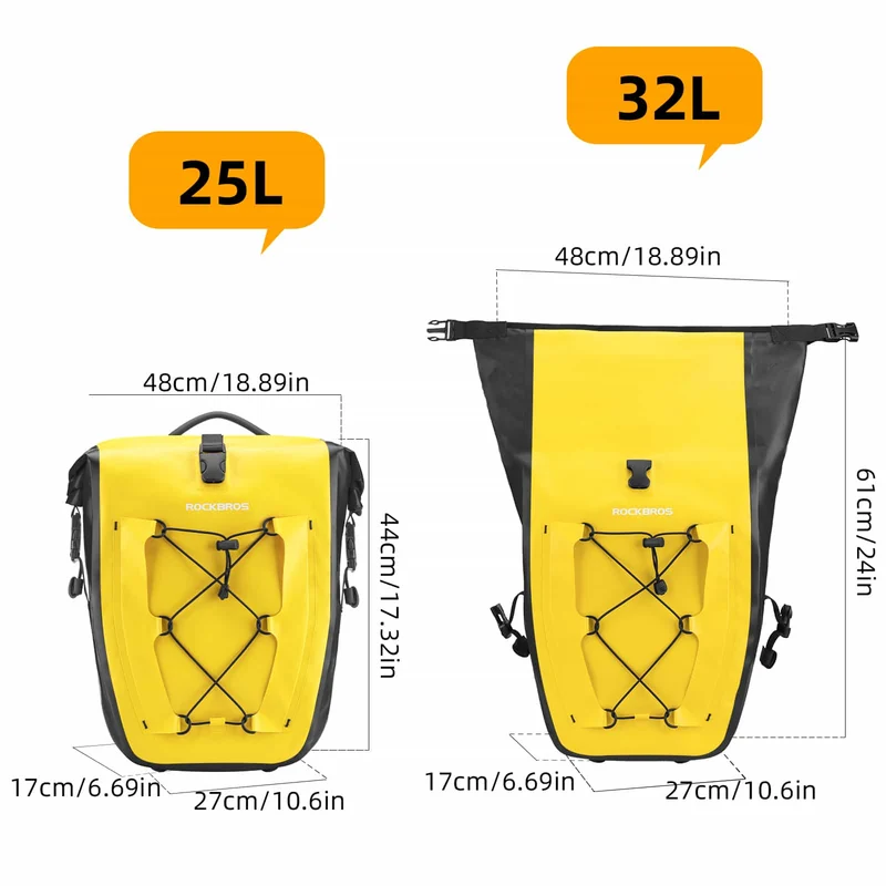 ROCKBROS Gepäckträgertasche 25L-32L 100 % wasserdicht mit Tragegriff
