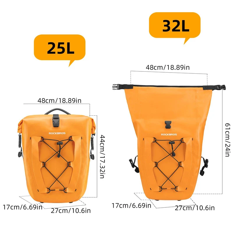 ROCKBROS Gepäckträgertasche 25L-32L 100 % wasserdicht mit Tragegriff