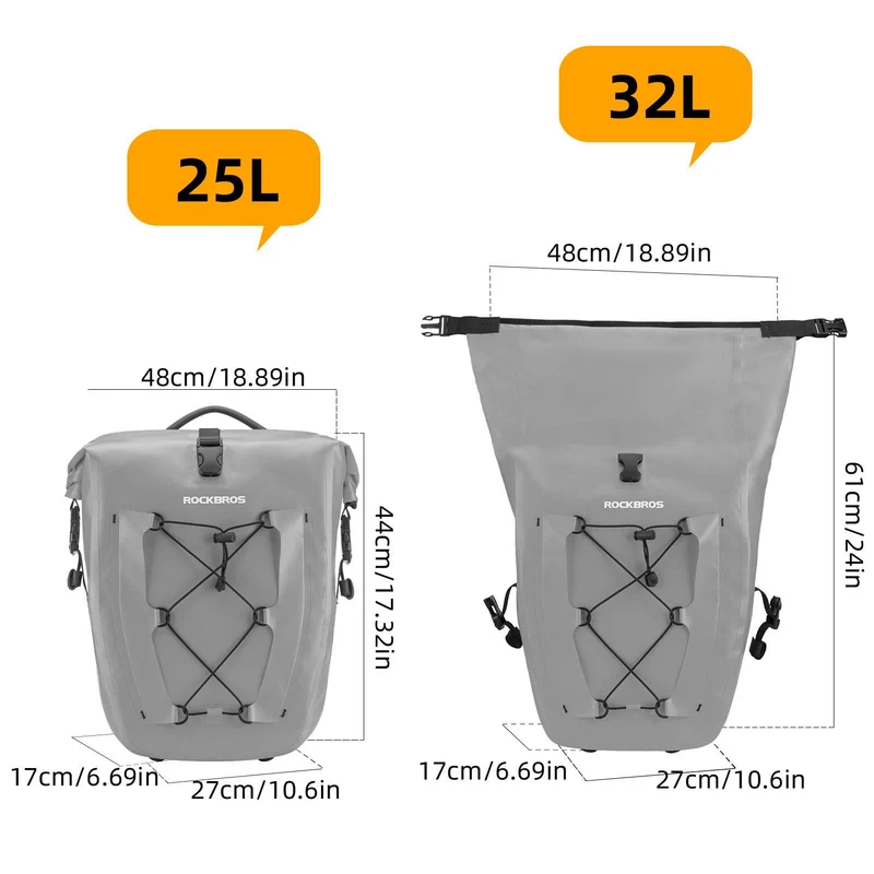 ROCKBROS Gepäckträgertasche 25L-32L 100 % wasserdicht mit Tragegriff