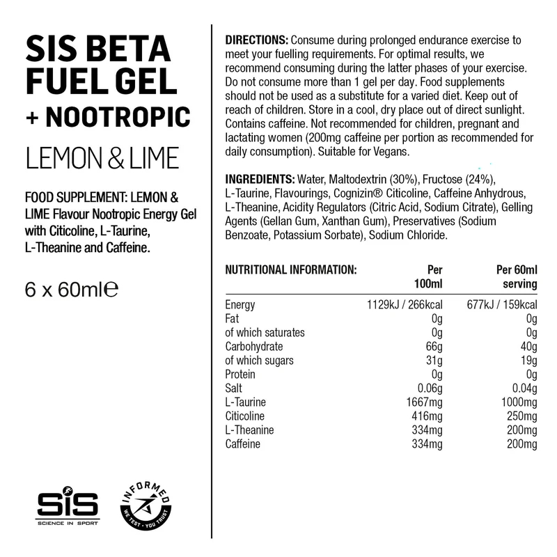 SIS BETA Fuel Energiegel/Nootropika 6x60ml Zitrone/Limette
