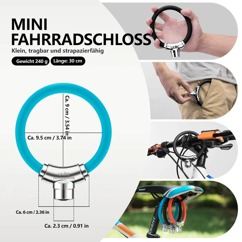 ROCKBROS Fahrradschloss Kabelschloss mit Klettverschlüssen ohne Schlüssel