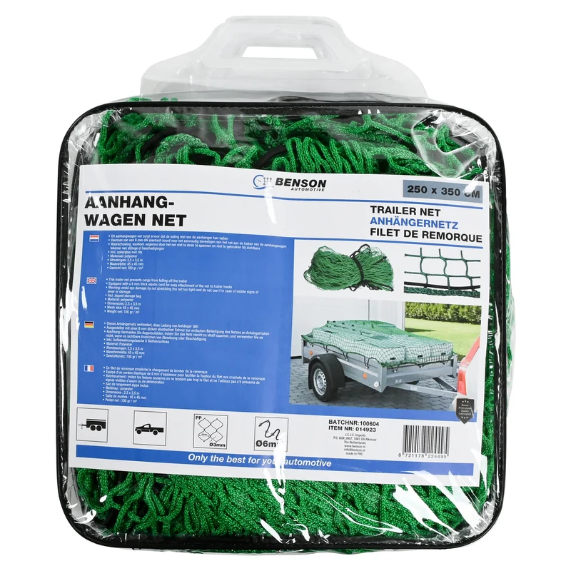 Anhängernetz 2,5 x 3,5 m in Tasche – Material Polyester, Abmessungen 2,5 x 3,5 m