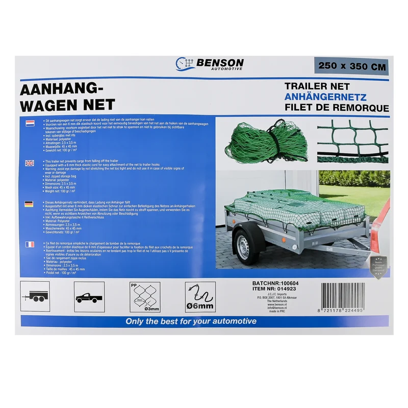 Anhängernetz 2,5 x 3,5 m in Tasche – Material Polyester, Abmessungen 2,5 x 3,5 m