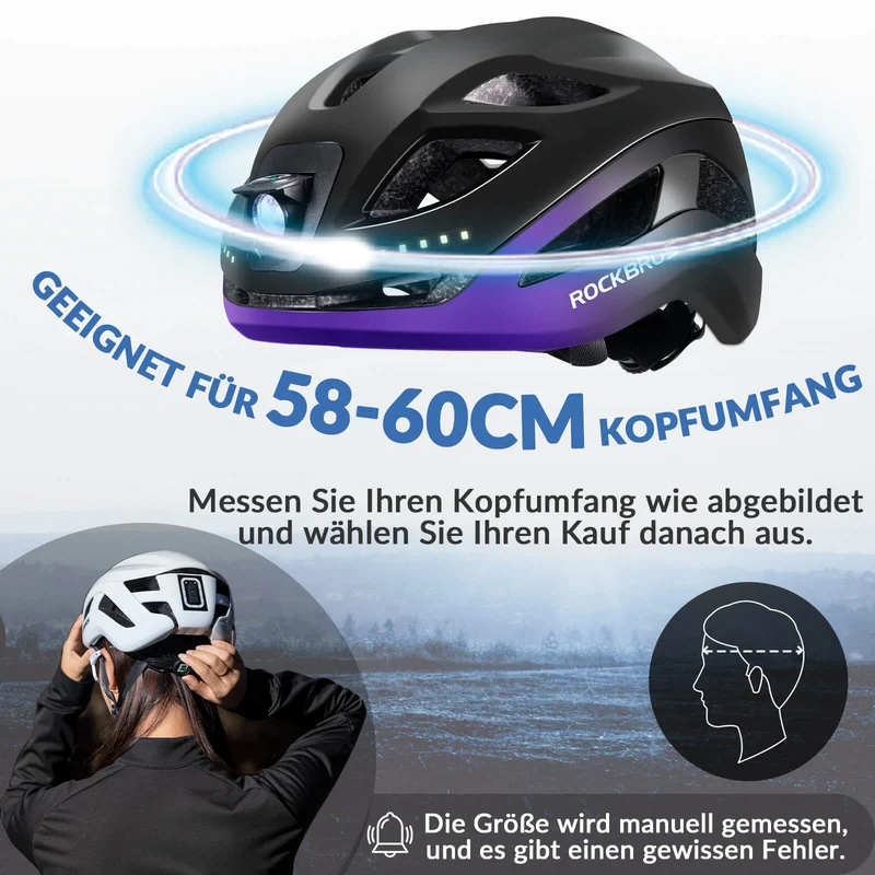 ROCKBROS Fahrradhelm mit Licht, mit USB 1800 mAh Atmungsaktiv 58-60 cm