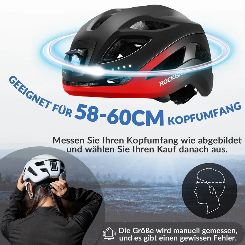 ROCKBROS Fahrradhelm mit Licht, mit USB 1800 mAh Atmungsaktiv 58-60 cm
