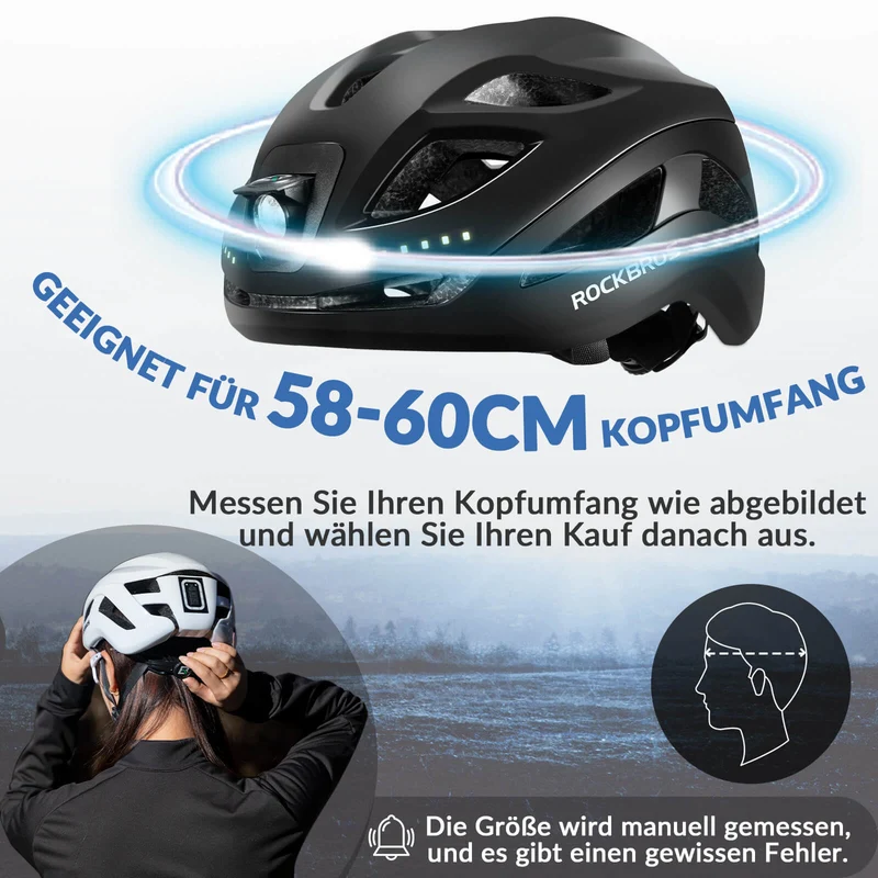ROCKBROS Fahrradhelm mit Licht, mit USB 1800 mAh Atmungsaktiv 58-60 cm