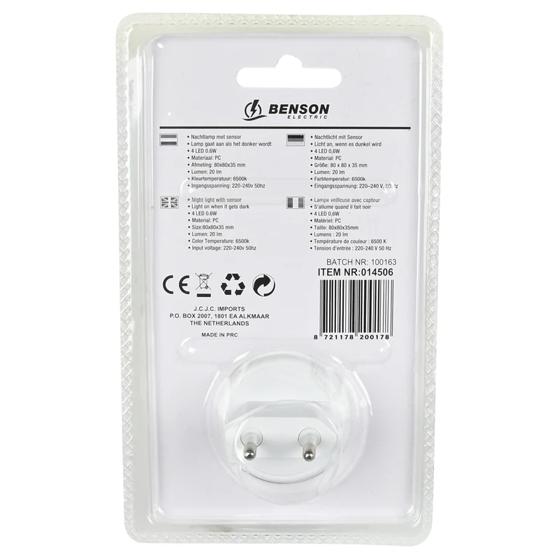 Nachtlicht LED + Sensor – Material PC, Maße 80x80x35 mm, Lumen 20 lm, 0,6W