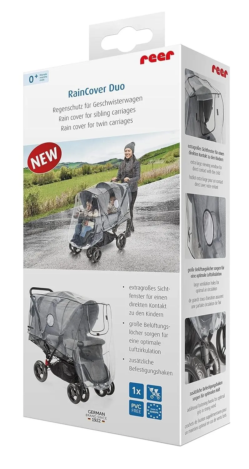 Reer RainCover Duo Active – Regenschutz für Geschwisterwagen & Buggys mit hintereinanderliegenden Sitzen