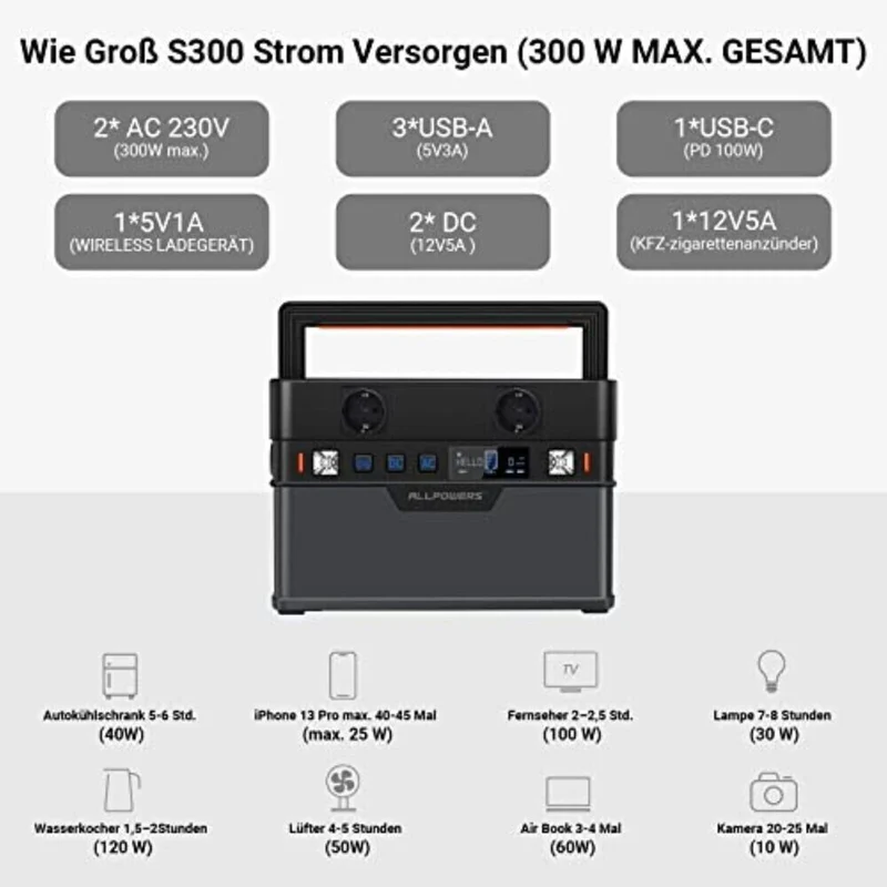 Tragbar Powerstation Solar Powerbank 78000mAh 300W mit AC/USB-Ausgang ALLPOWERS