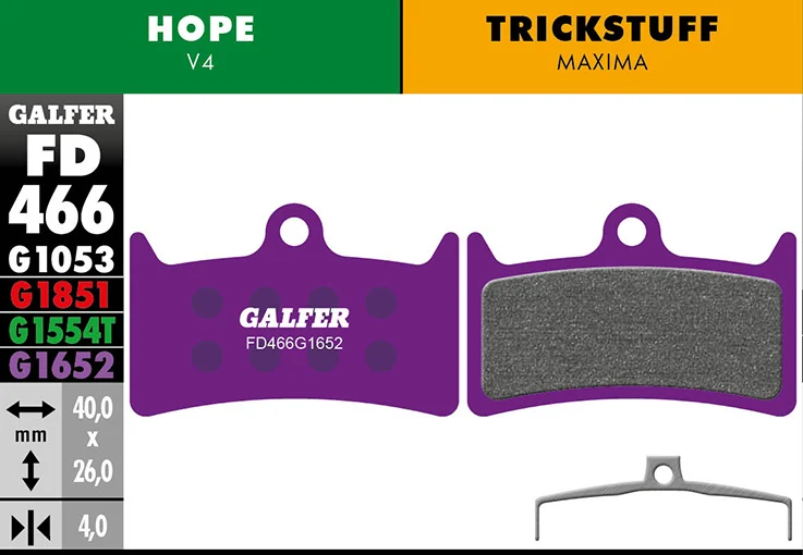 Galfer E-Bike Bremsbelag Hope V4 /Trickstuff Maxima 40 x 26 x 4 mm 1 Paar violett