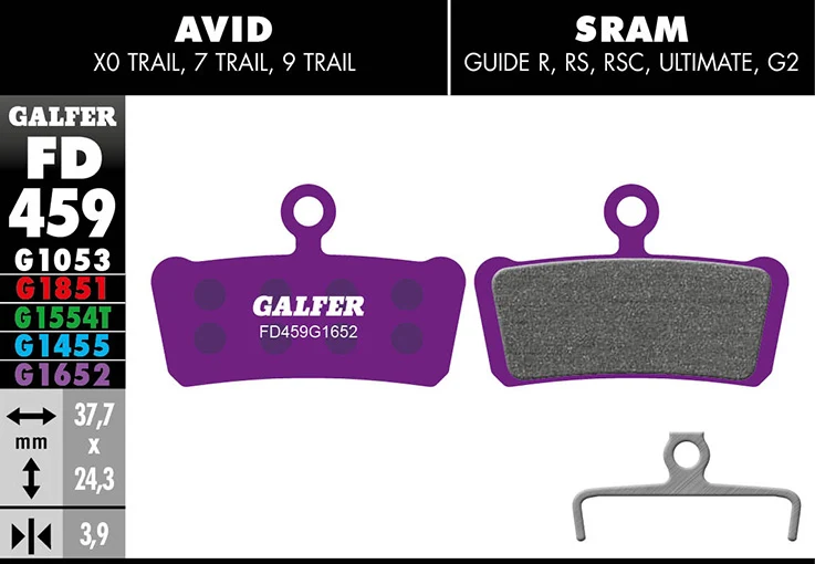 Galfer E-Bike Bremsbelag AVID – X0/ 7/ 9 Trail, SRAM Guide, Trickstuff C42 37,7 x 24,3 x 3,9 mm 1 Paar violett