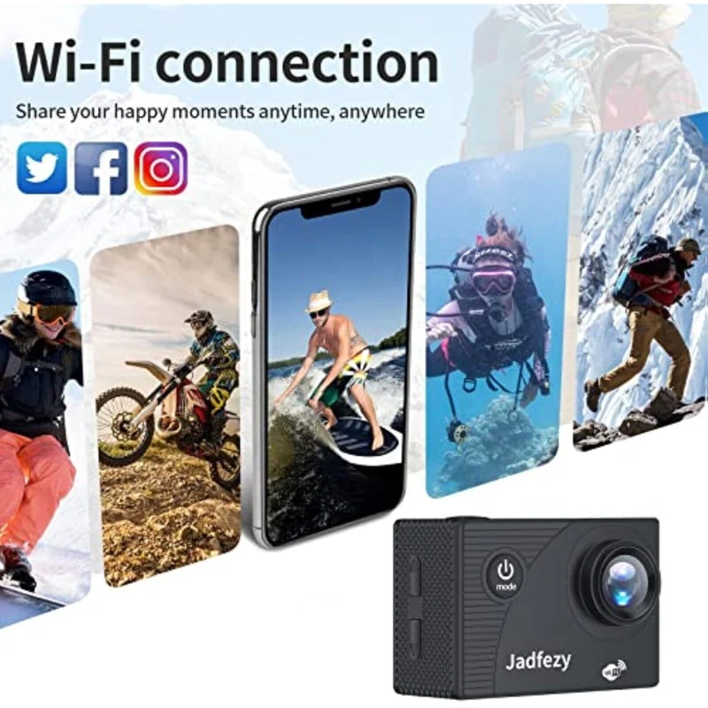 Jadfezy WiFi-1080P-Action-Cam, WLAN HD 30 fps Zwei 900 mAh wiederaufladbare