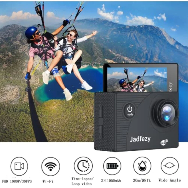 Jadfezy WiFi-1080P-Action-Cam, WLAN HD 30 fps Zwei 900 mAh wiederaufladbare