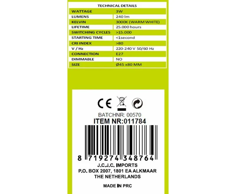 LED-Lampe Kugel G45 3W E27, 240lm, Warmweiß 3000K für Wohnzimmer