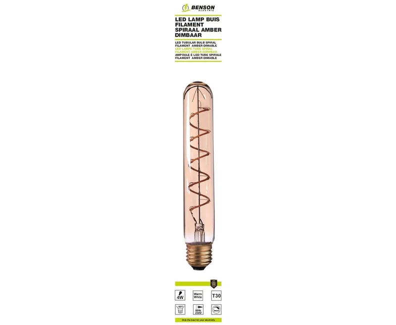 LED-Röhrenlampe T30 4W E27 Bernstein, dimmbar, 30x185mm, 3000K warmes Licht