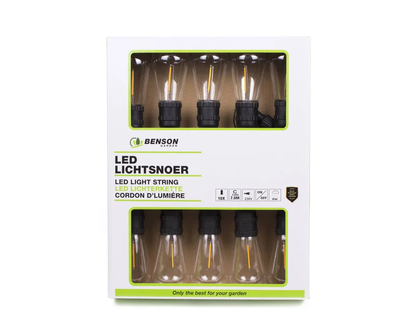 LED-Lichterkette 7 m, 10x S14-Lampen, warmweiß, Timer, für den Außenbereich