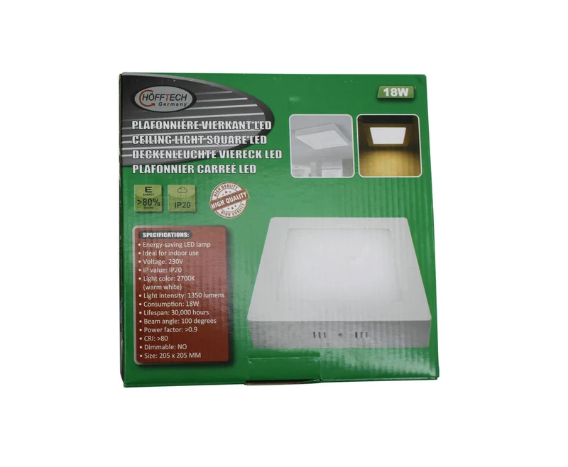 LED-Deckenleuchte 18W, 205x205mm, Warmweiß 2700K, 1350lm, IP20