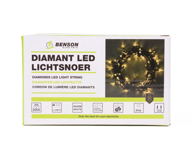 Weiße LED-Lichterkette, 200 LEDs, 25 m, IP44, für Partys drinnen/draußen