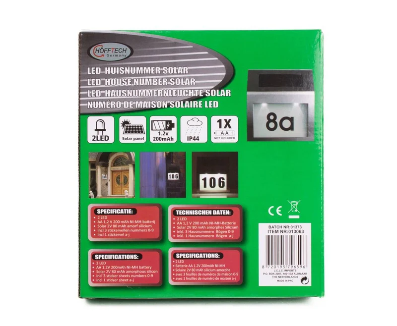 LED-Hausnummer Solar Edelstahl, 2 LED, IP44, 1,2V 200mAh, Außenbeleuchtung