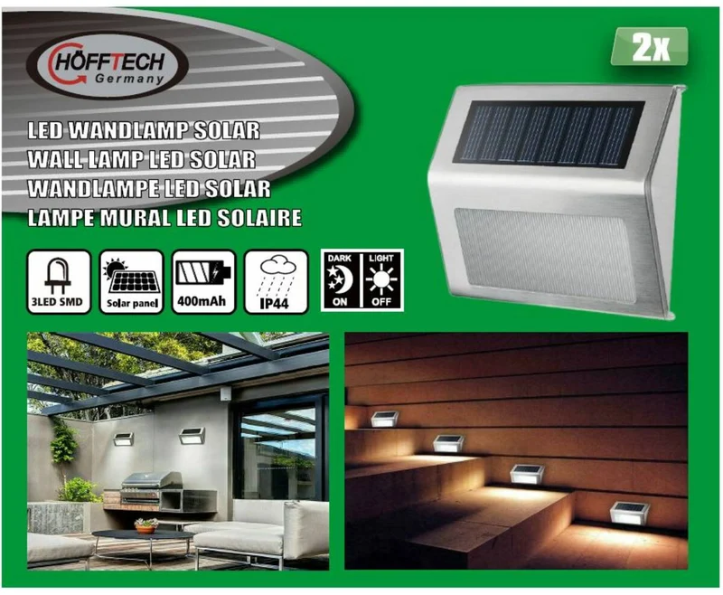 Solar-LED-Wandleuchte Edelstahl 1,2V 400mAh, 2-tlg., ideal für Außenbeleuchtung