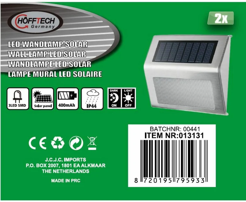Solar-LED-Wandleuchte Edelstahl 1,2V 400mAh, 2-tlg., ideal für Außenbeleuchtung