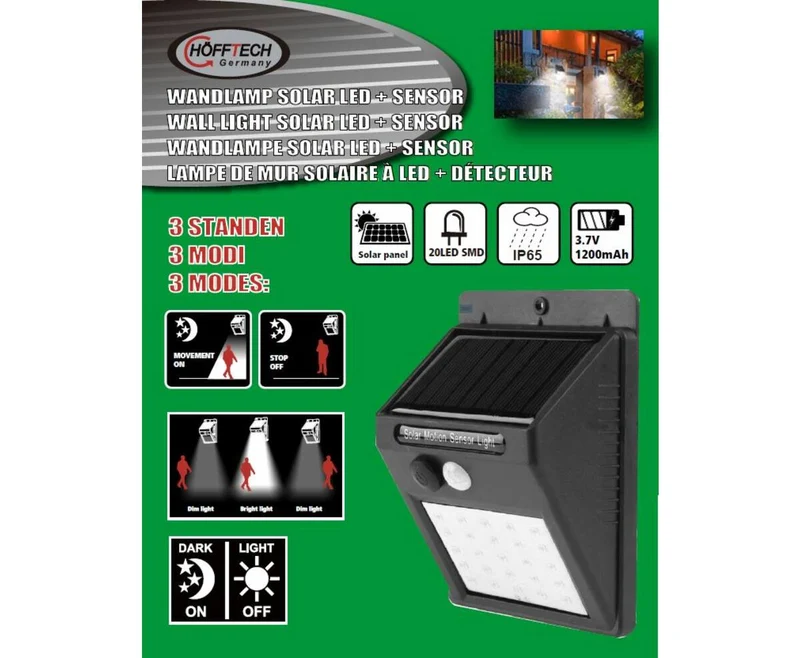 Solar-LED-Wandleuchte mit PIR-Sensor, IP65, Außenbeleuchtung, 3,7-V-Li-Akku