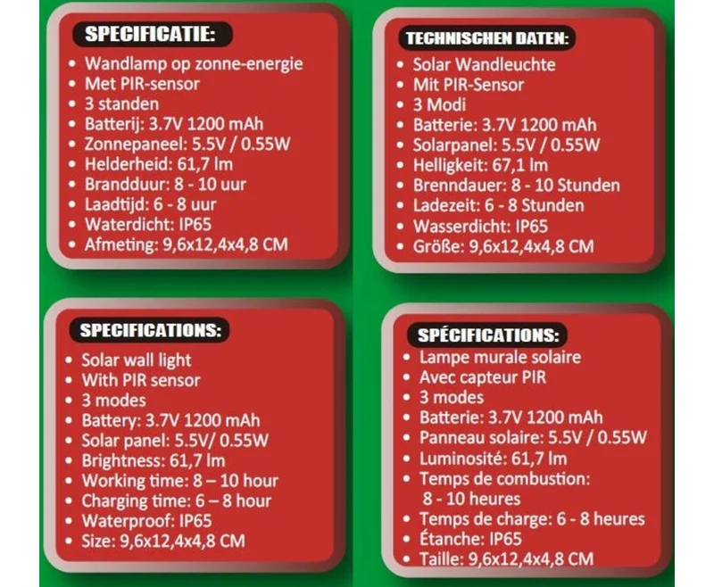 Solar-LED-Wandleuchte mit PIR-Sensor, IP65, Außenbeleuchtung, 3,7-V-Li-Akku