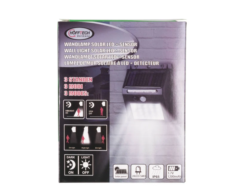 Solar-LED-Wandleuchte mit PIR-Sensor, IP65, Außenbeleuchtung, 3,7-V-Li-Akku