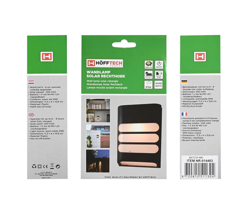 Solar-Wandleuchte 200 mAh, 6-8 Std. Licht, 11,3x4x15,8 cm, Garten/Terrasse