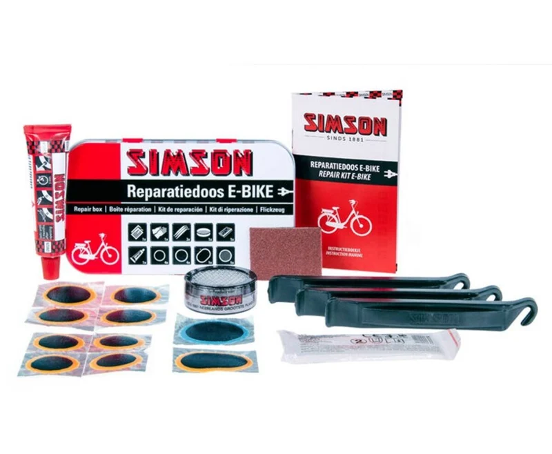 Simson E-Bike-Reparaturset: Flicken, Vulkanisierflüssigkeit, Reifenheber, Handschuhe.