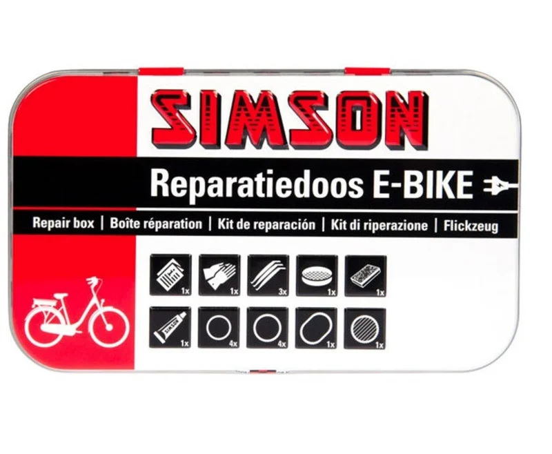 Simson E-Bike-Reparaturset: Flicken, Vulkanisierflüssigkeit, Reifenheber, Handschuhe.