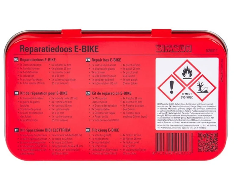 Simson E-Bike-Reparaturset: Flicken, Vulkanisierflüssigkeit, Reifenheber, Handschuhe.