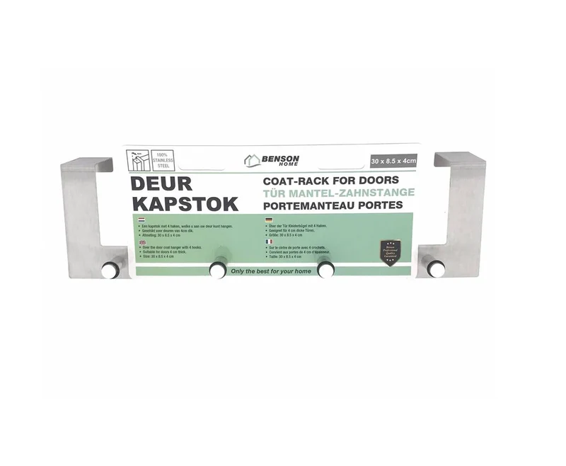 Türgarderobe Edelstahl, 4 Haken, passend für bis zu 40 mm Türstärke, ideal für Jacken.