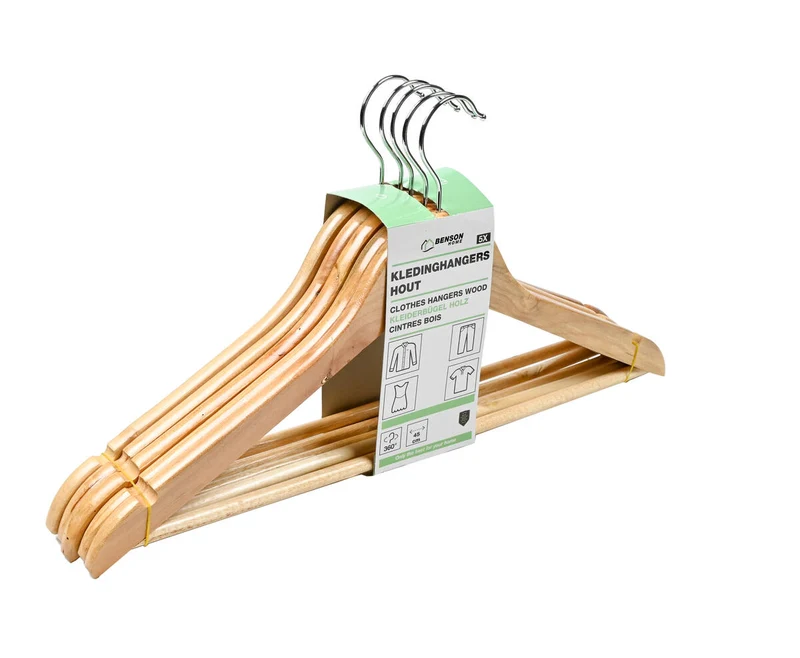 Holzkleiderbügel 5 Stück mit Hosensteg und drehbarem Haken