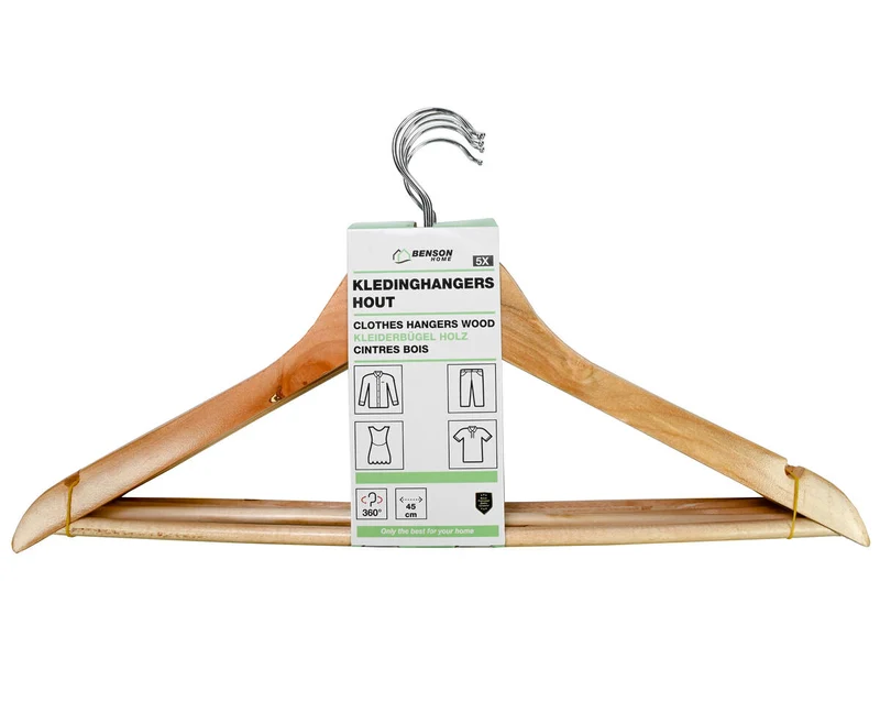 Holzkleiderbügel 5 Stück mit Hosensteg und drehbarem Haken