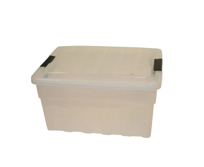 Aufbewahrungsbox 32L mit Deckel, 47x35x26cm, Transparent, schwarzer Clipverschluss