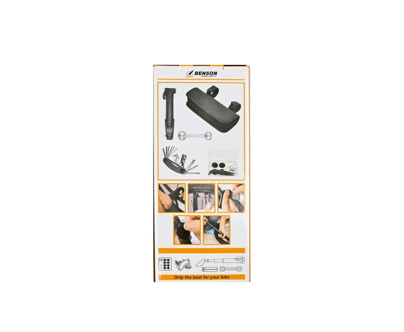 Fahrradreparaturset: Minipumpe, 16-in-1-Werkzeug, Reifenheber, Etui.