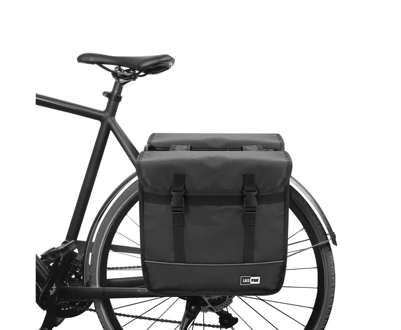 Doppelte Fahrradtasche 35L Mattschwarz PVC, ideal für Einkäufe, Kindersitz.