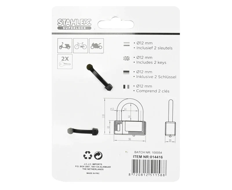 Bügelschloss 588 Ø12mm, 96x110mm, 2 Schlüssel, Fahrrad-/Rollersicherung