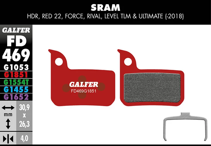 Galfer Bremsbelag Advanced SRAM HRD, Red/ Force/ Rival 22, CX1, Apex 1, Level. 30,9 x 26,3 x 4 mm 1 Paar rot