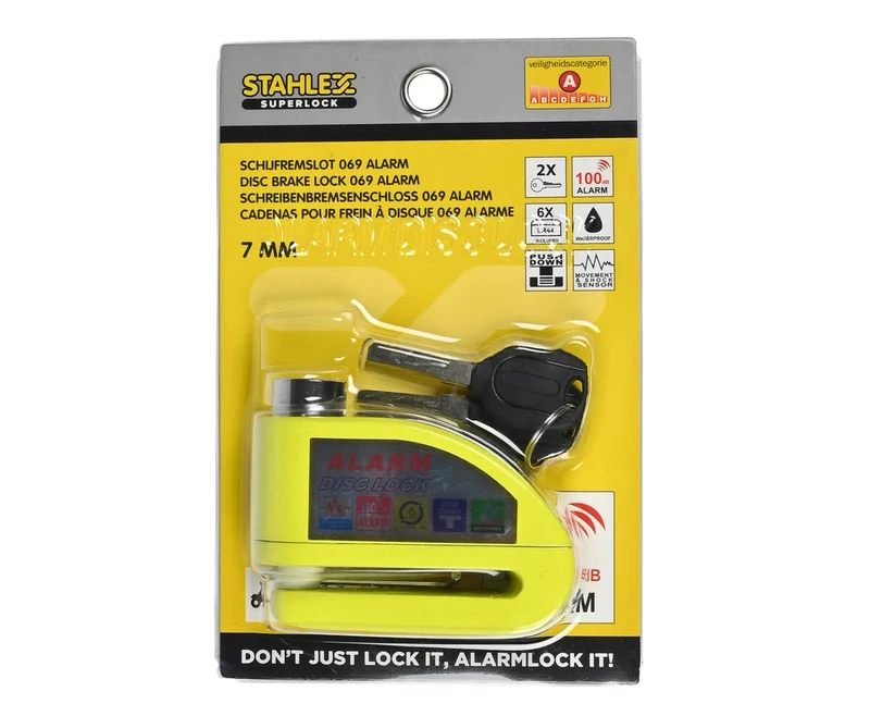 Scheibenbremsschloss Alarm 069 - Gelb, 7,0 mm Bolzen, 110dB Alarm, für Motorräder