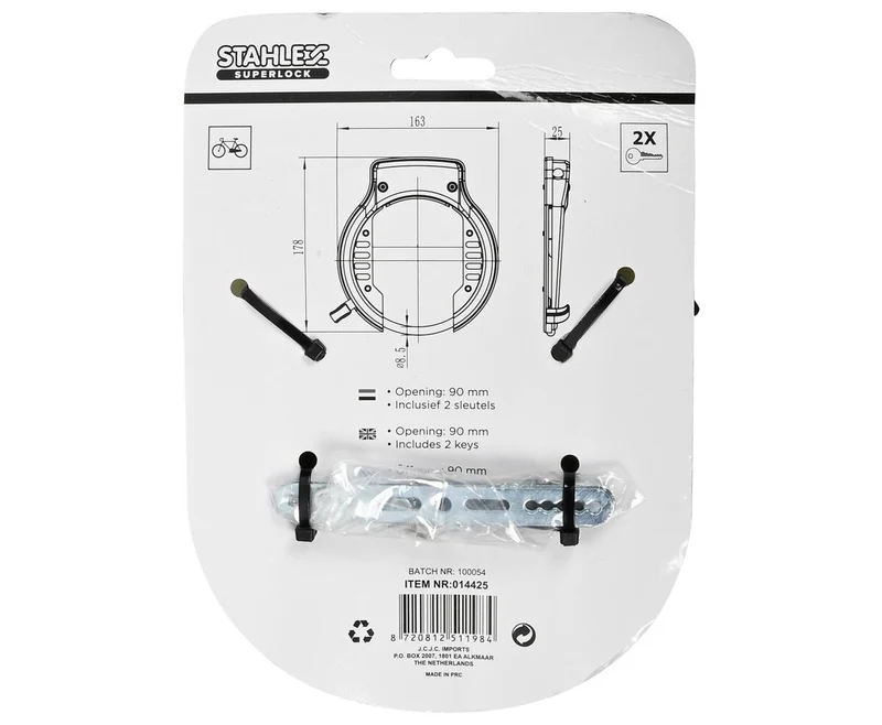 Rahmenschloss 984 E-Bike, 163x180mm, gehärteter Stahl, inkl. 2 Schlüssel, 90mm Öffnung.