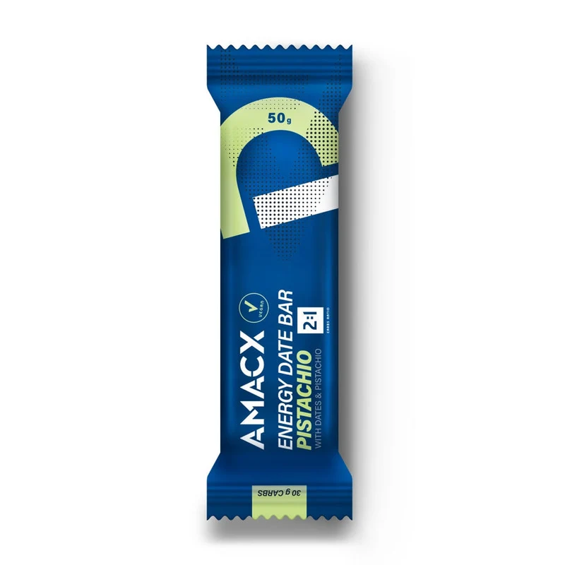 Energie-Dattelriegel Amacx Energy Date Bar Pistazie Box 12stk Blau