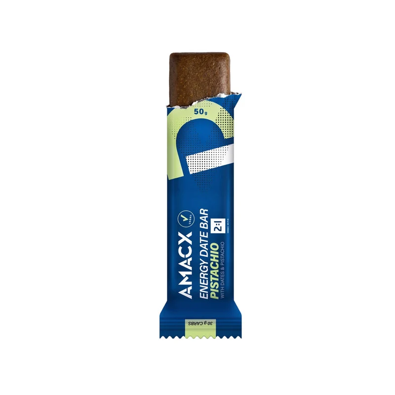 Energie-Dattelriegel Amacx Energy Date Bar Pistazie Box 12stk Blau