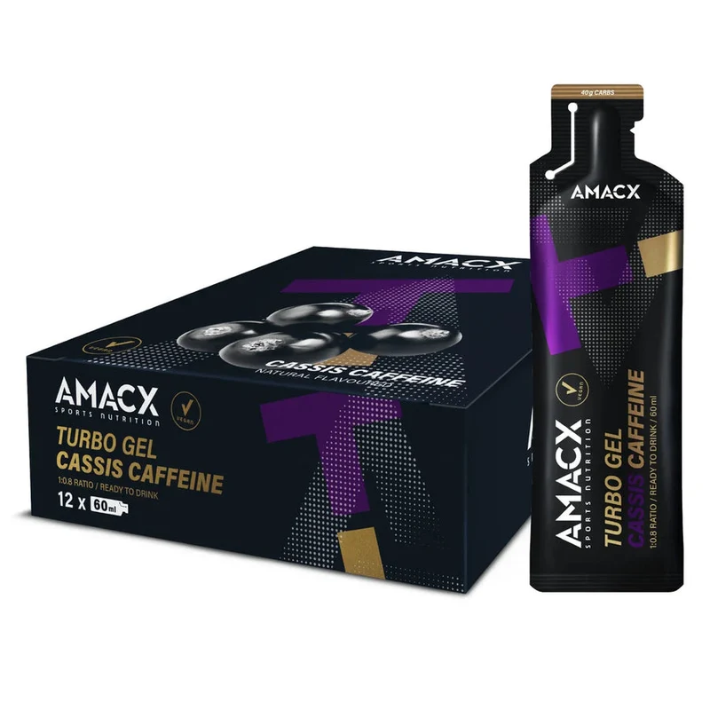 Energiegele Amacx Turbo Gel Schwarze Johannisbeere Koffein Box 12stk Lila